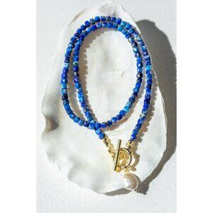 Blue and Gold Beaded Necklace with Pearl Pendant